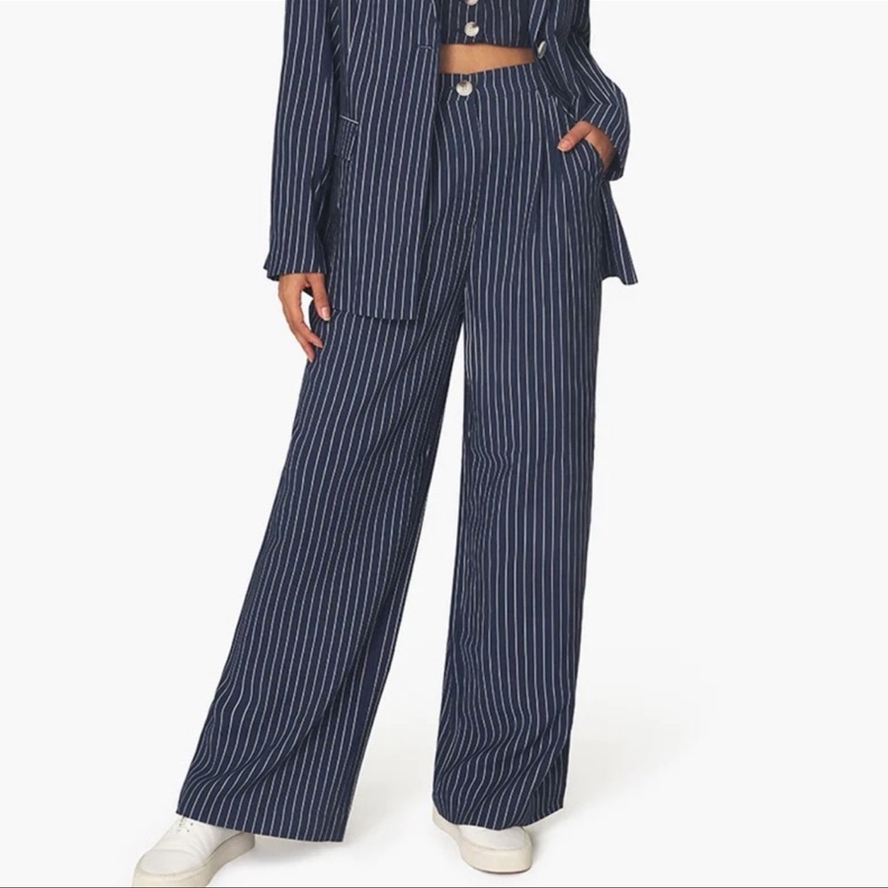 Danielle Bernstein WeWoreWhat Pleated Trouser Pin Stripe High Rise Navy
